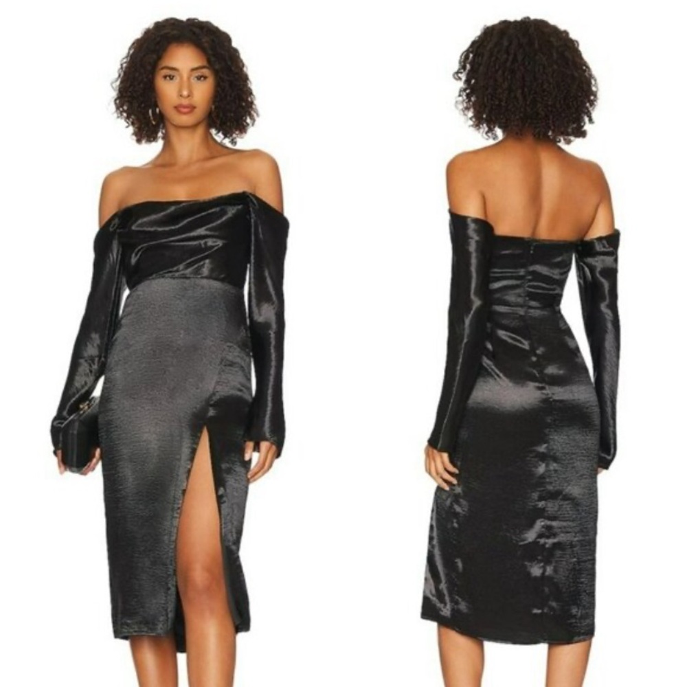 MAJORELLE Cecilia Midi Dress Black Off Shoulder Cowl Neck Slit NWT Small
